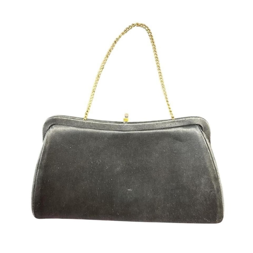 Vintage Black Satin Evening Clutch Purse Gold Chain Handle
